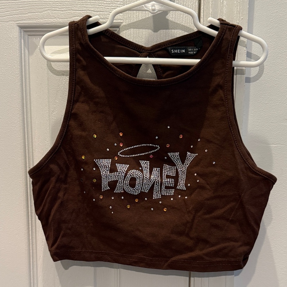 SHEIN Brown 'Honey' Embellished Crop Top. Size small